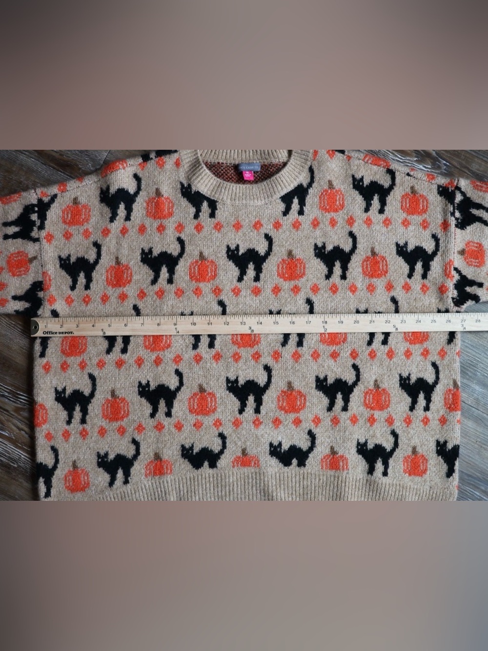 Spooky Tan Black Cat Orange Pumpkin Halloween Sweater Soft Knit Slouchy XL - Picture 15 of 16